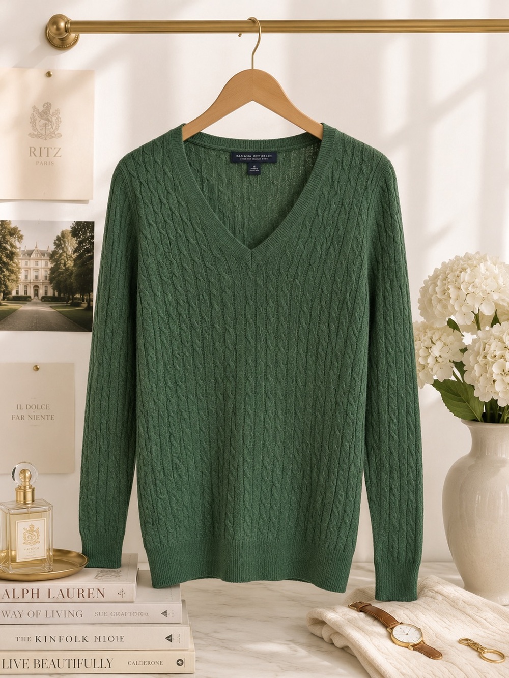 Banana Republic Italian Yarn Wool Cashmere Cable Knit Sweater Green Medium - Picture 2 of 8